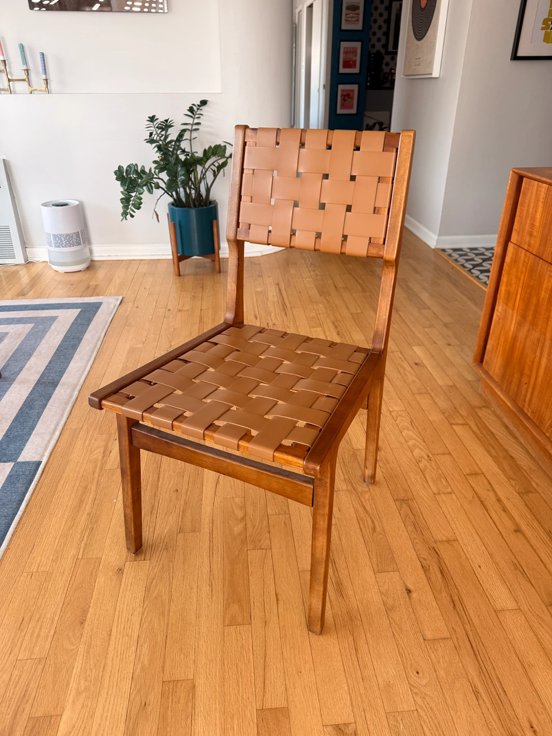 Mid-Century Style Wood and Leather Strap Dining Chairs