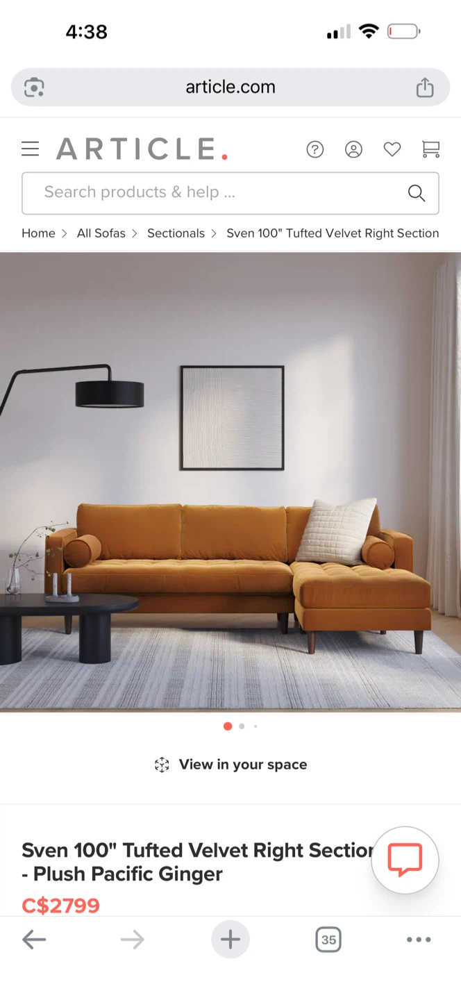 ARTICLE. Sven 100" Tufted Velvet Right Sectional Sofa - photo 2