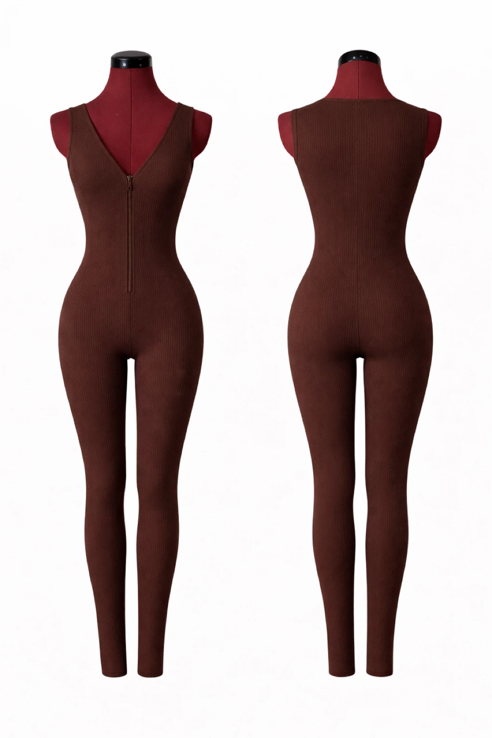 Ribbed Bodysuit with Front Zipper