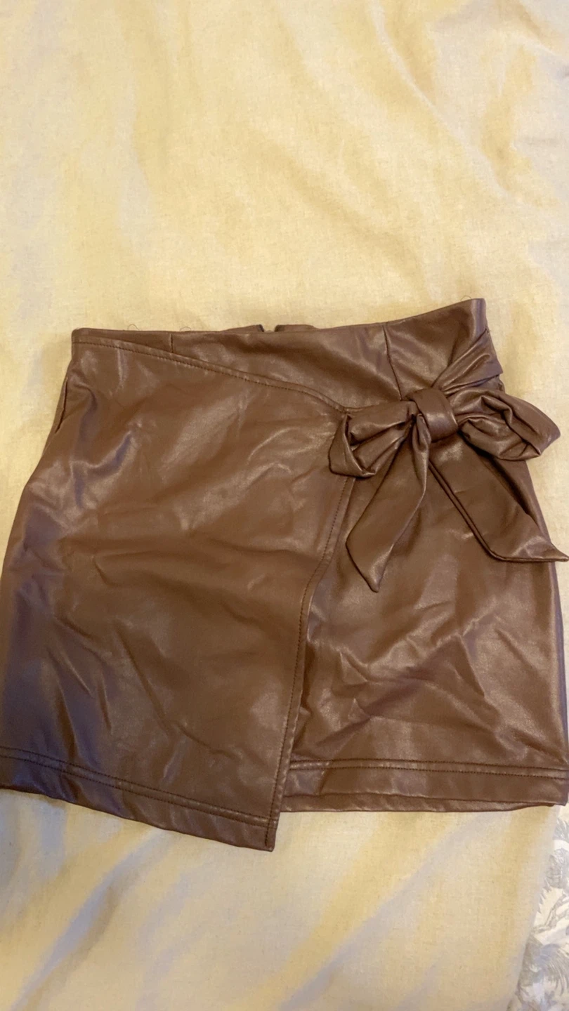 Brown Faux Leather Wrap Mini Skirt
