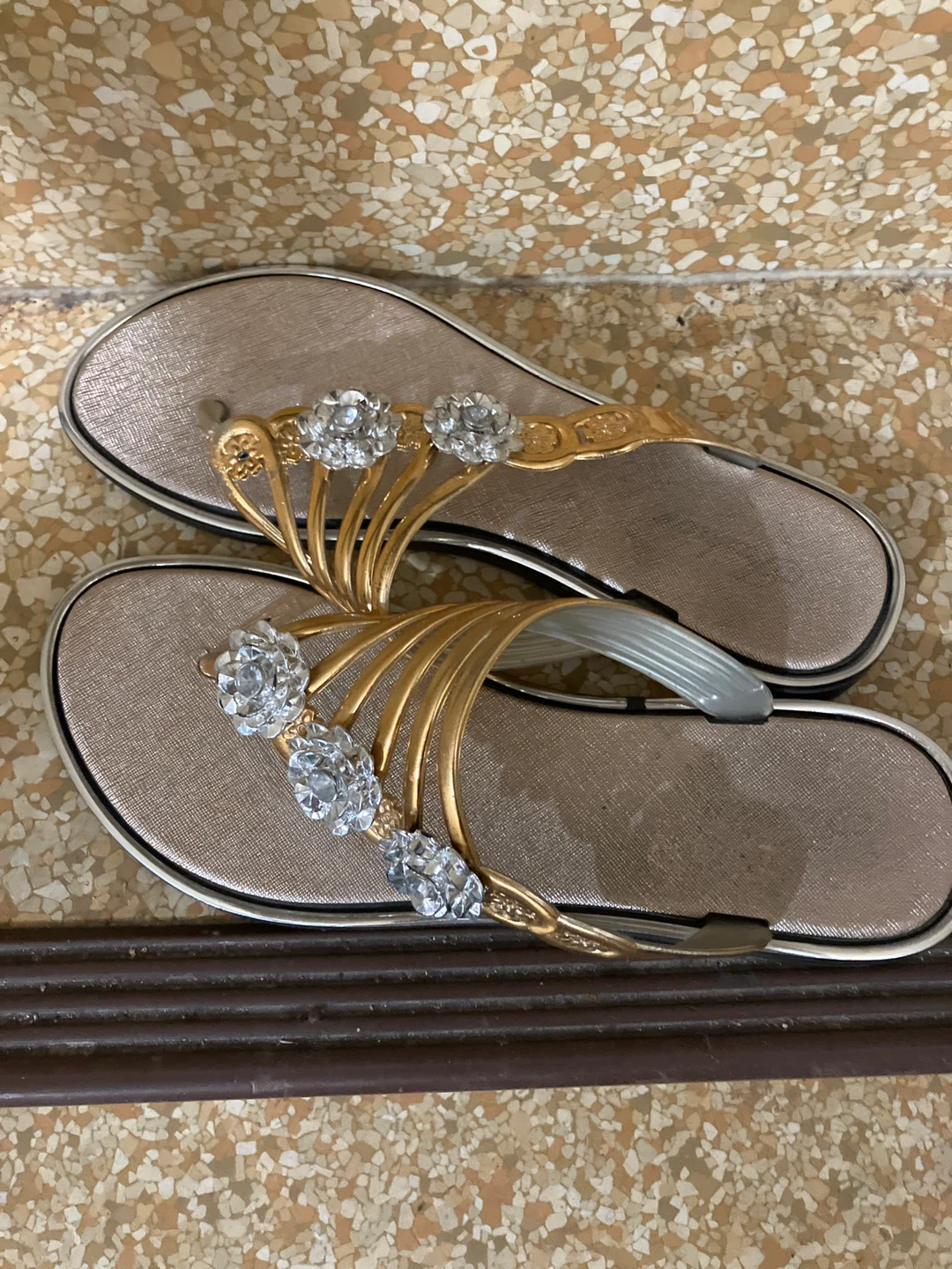 Gold and Rhinestone Thong Sandals Size 40