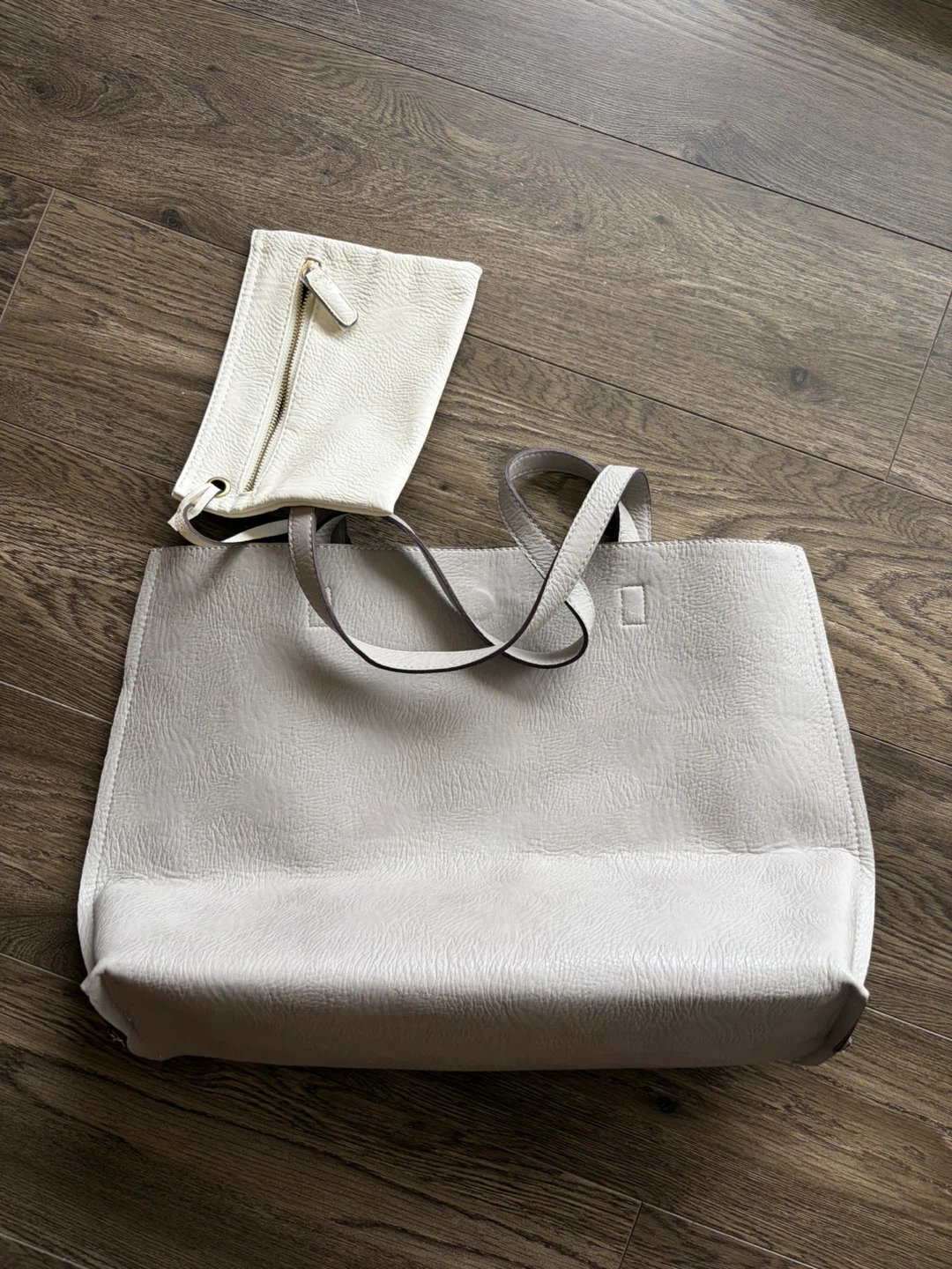 Grey & cream vegan material Tote Bag with Pouch