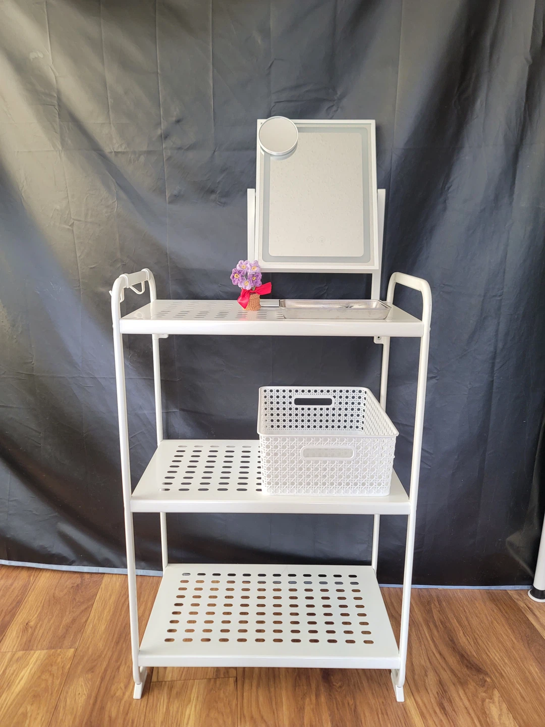 White 3-Tier Metal Utility Cart with Mirror