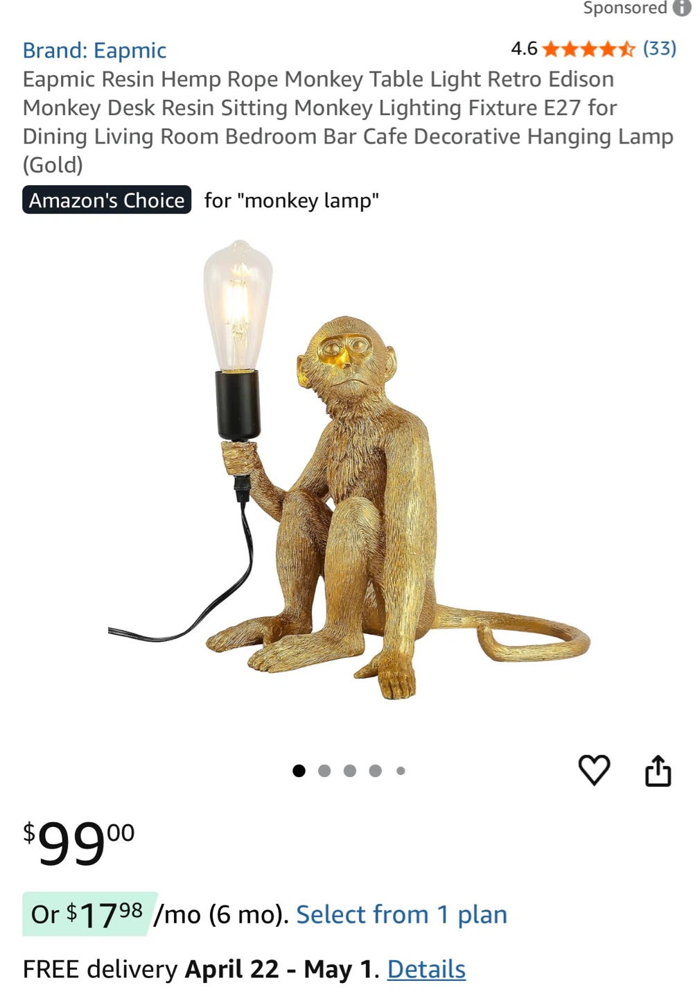 Eapmic Gold Monkey Table Lamp - photo 2