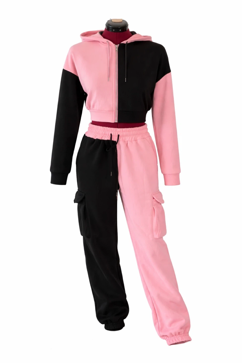 Split Color Hoodie and Cargo Sweatpants Set - Pink/Black