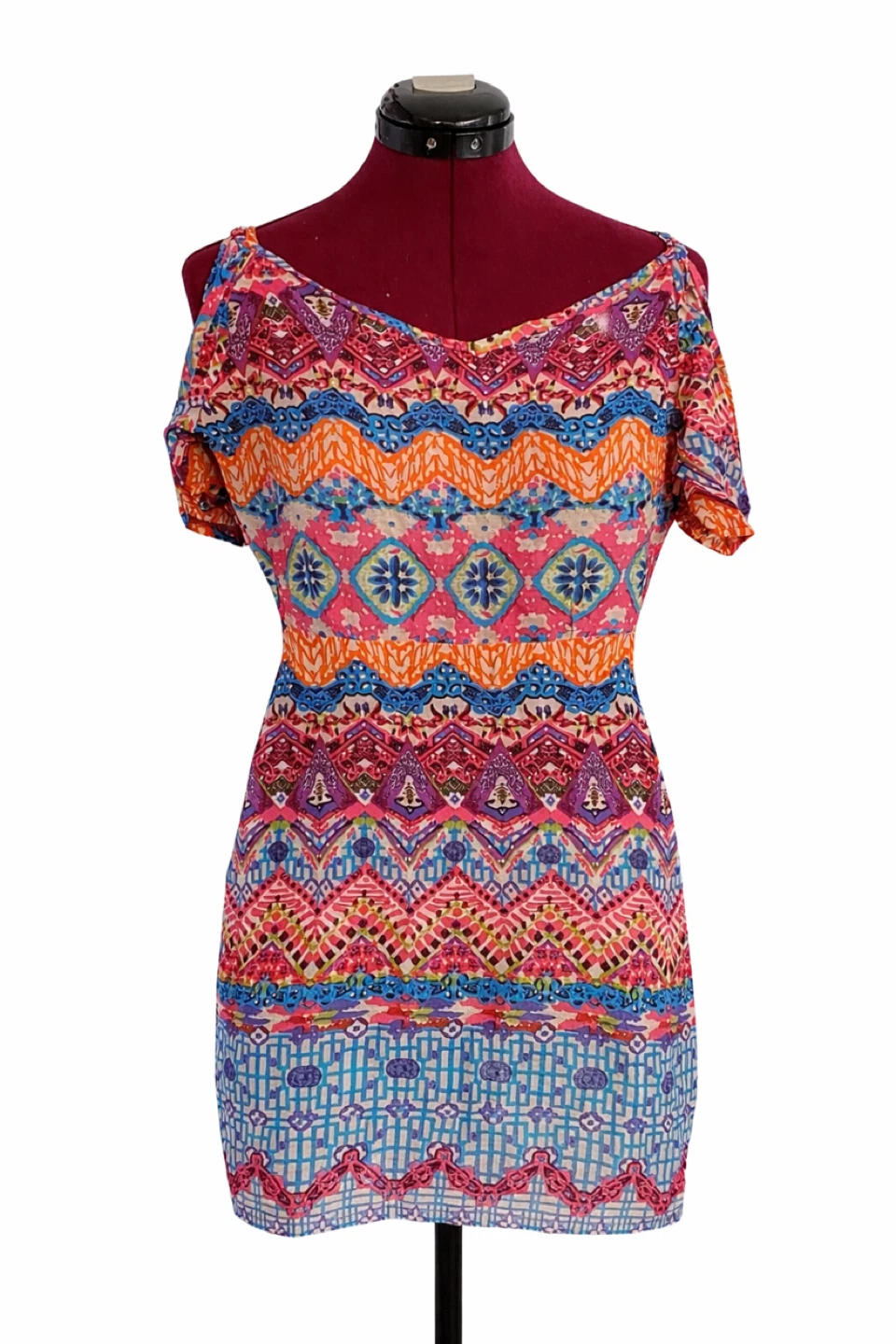 Women's Cold Shoulder Mini Dress - Multi-Color Tribal Print