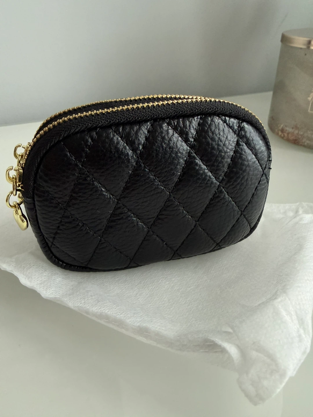 Brand new Black Quilted Double Zipper Pouch with Heart Charms