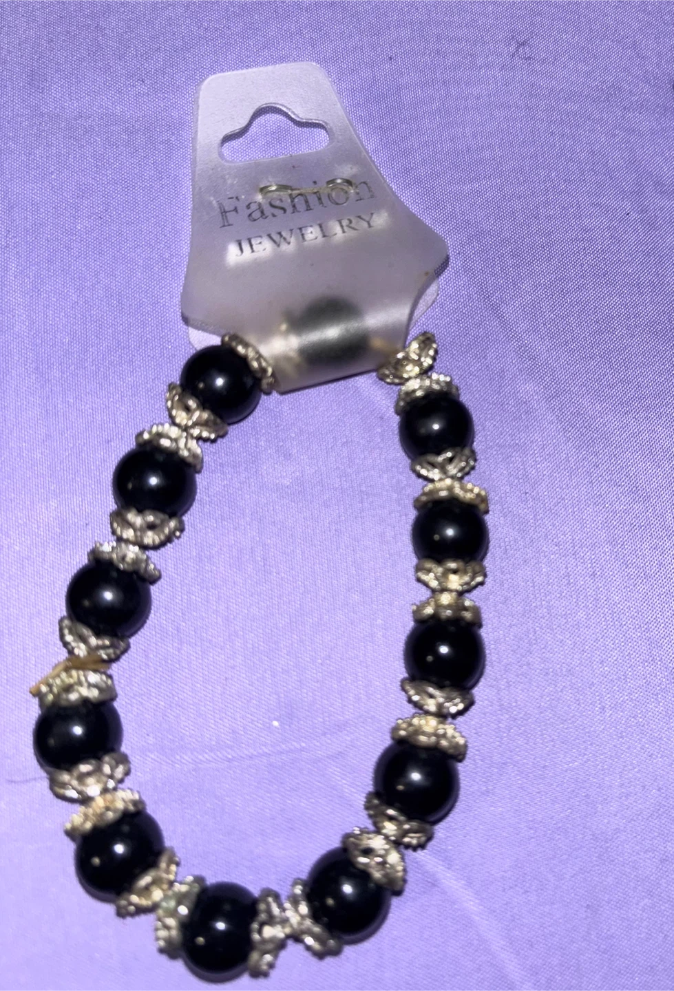 Black Beaded Stretch Bracelet with Silver Accents