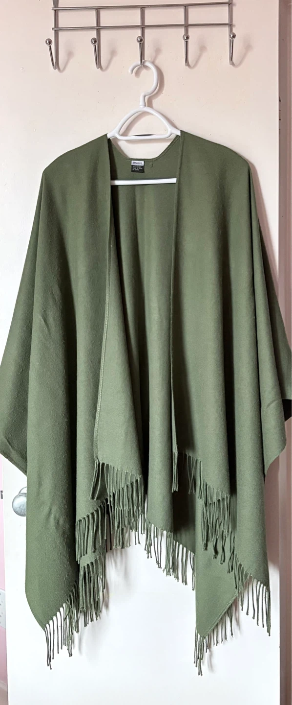 Green Viscose Poncho with Fringe