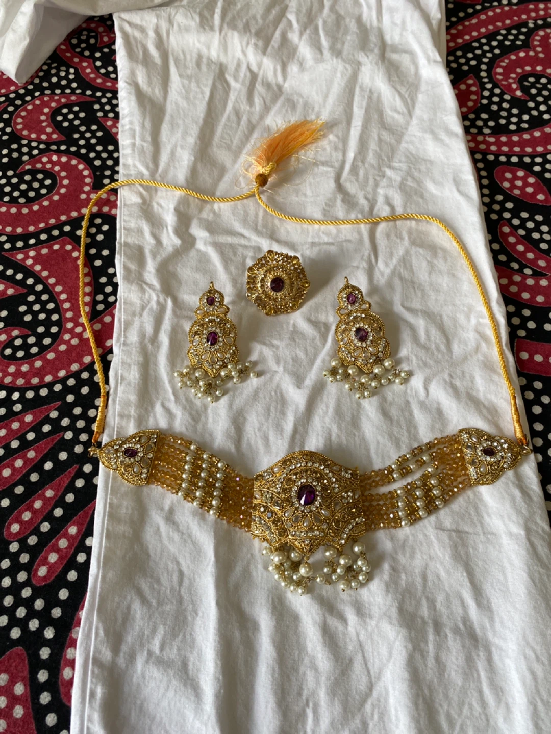 Gold-tone Choker Necklace Set with Earrings and Ring