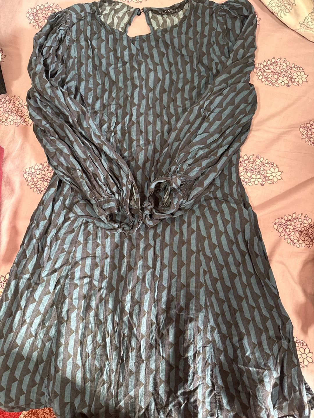 Zara Woman Blue Geometric Pattern Long Sleeve Dress