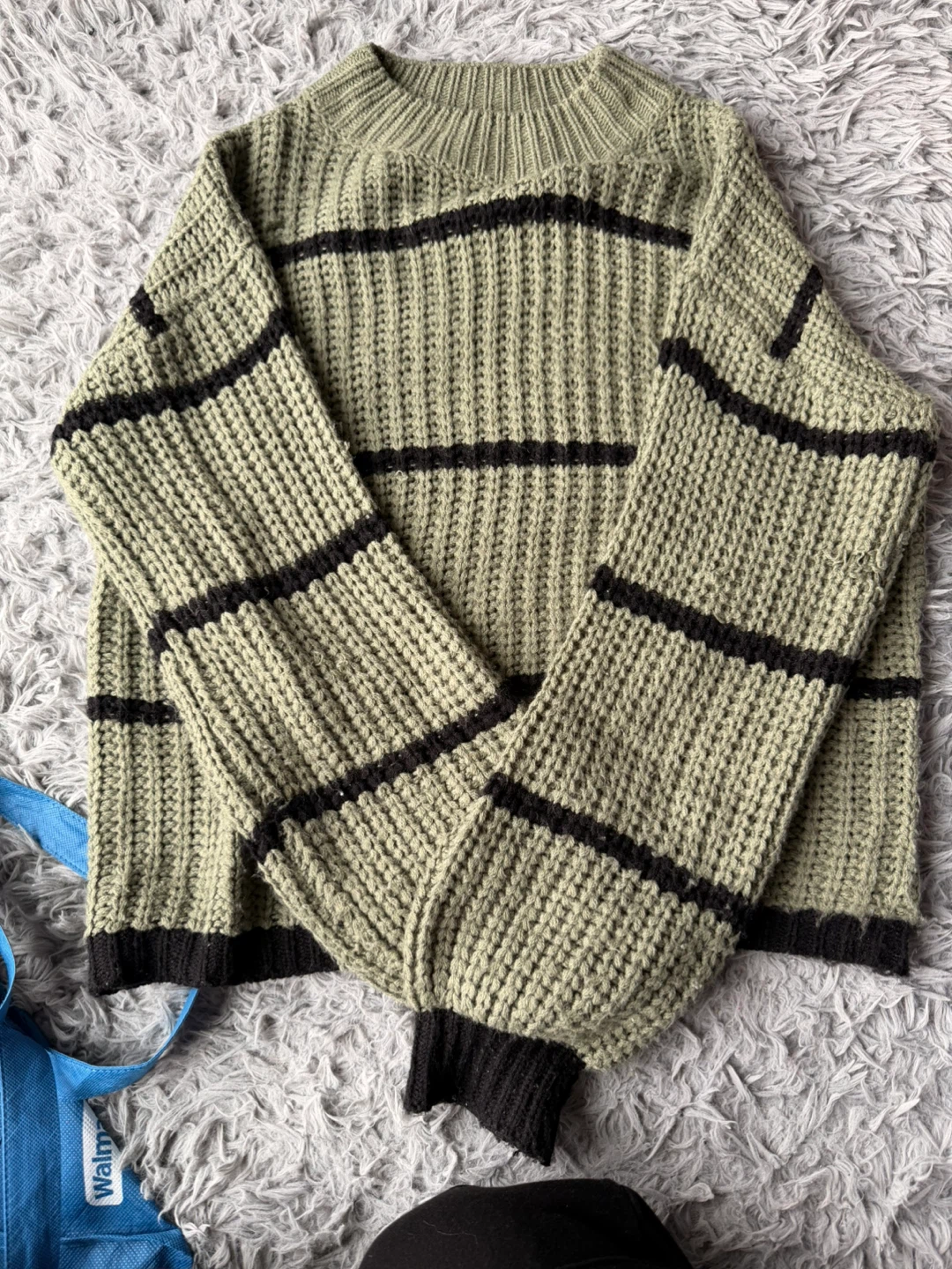 SHEIN Striped Knit Sweater - Olive Green, Size L