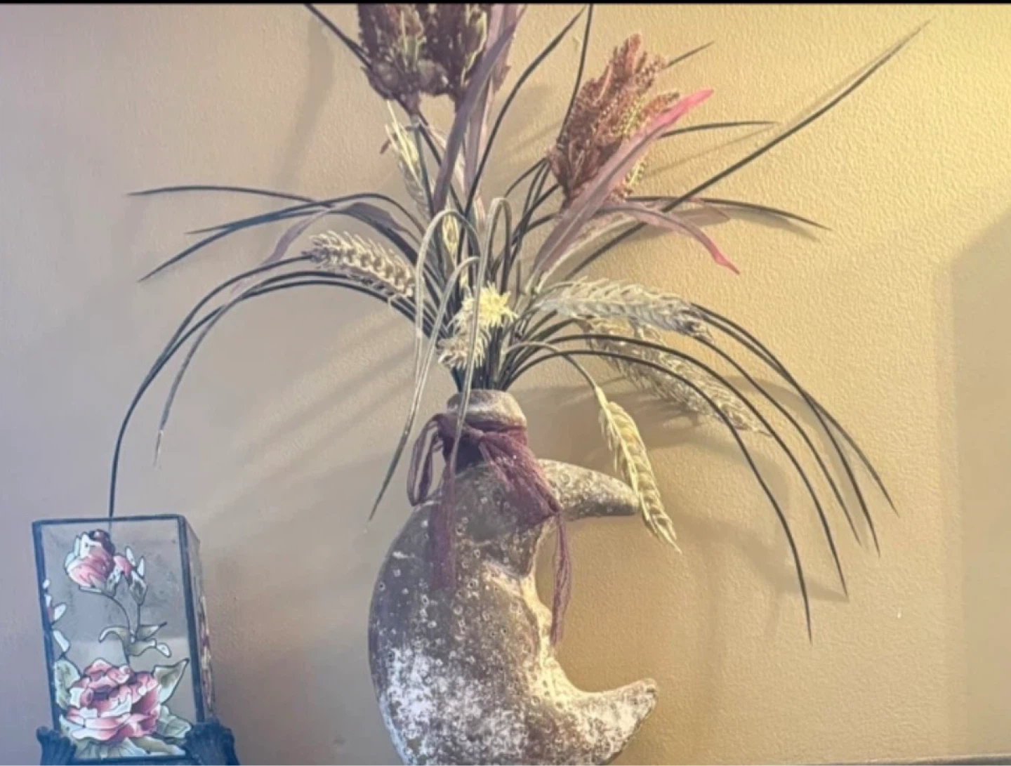 Stone look Crescent Moon Vase with Faux Botanicals