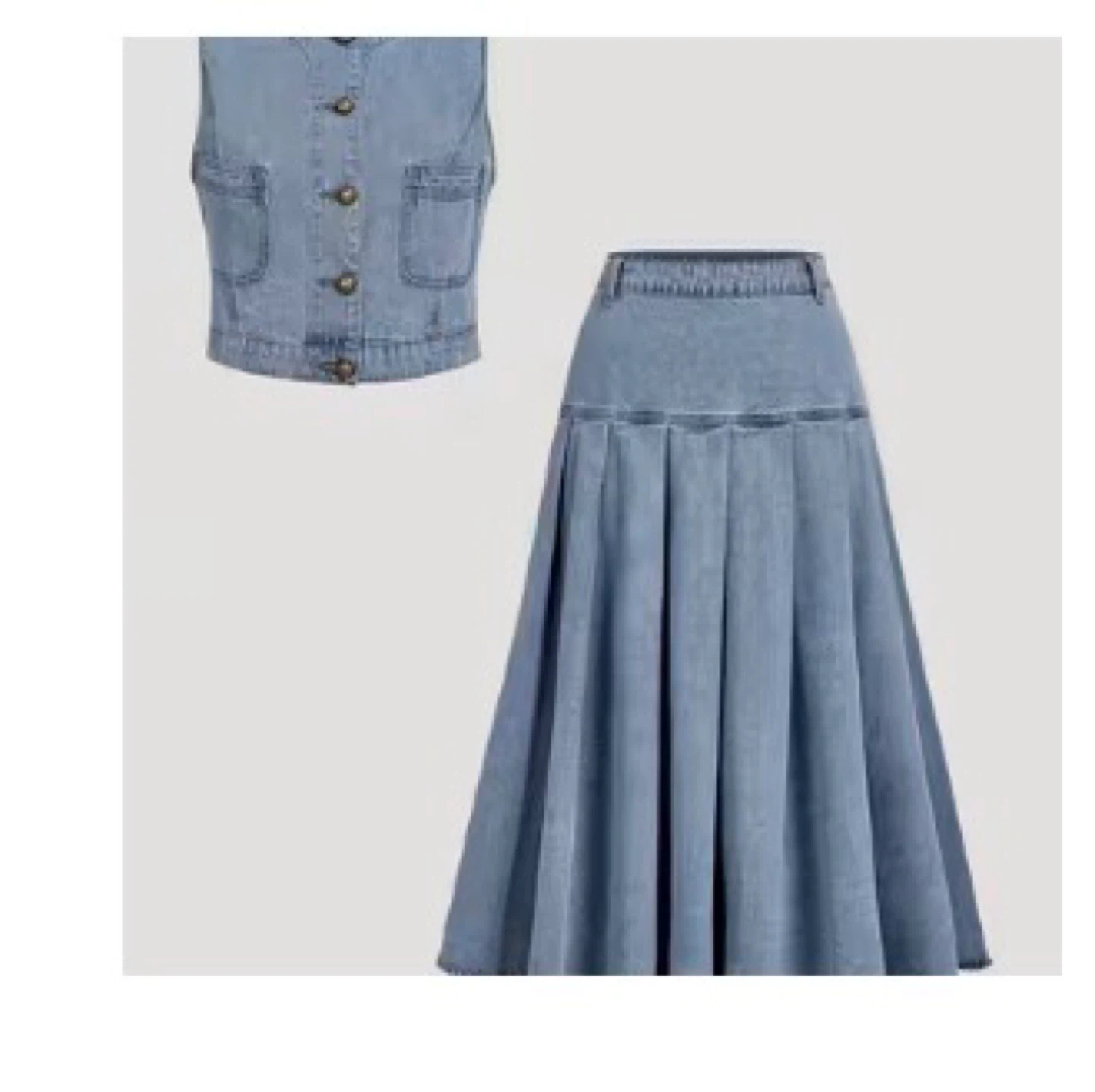 Denim Vest and Pleated Midi Skirt Set