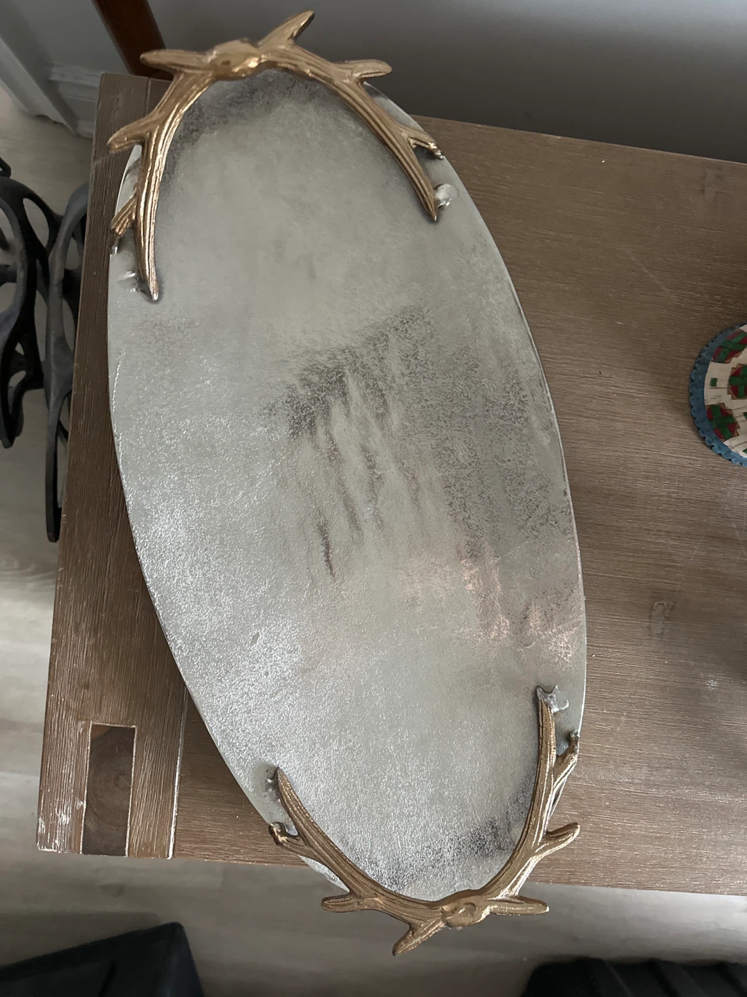 Silver Oval Tray with Gold Antler Handles
