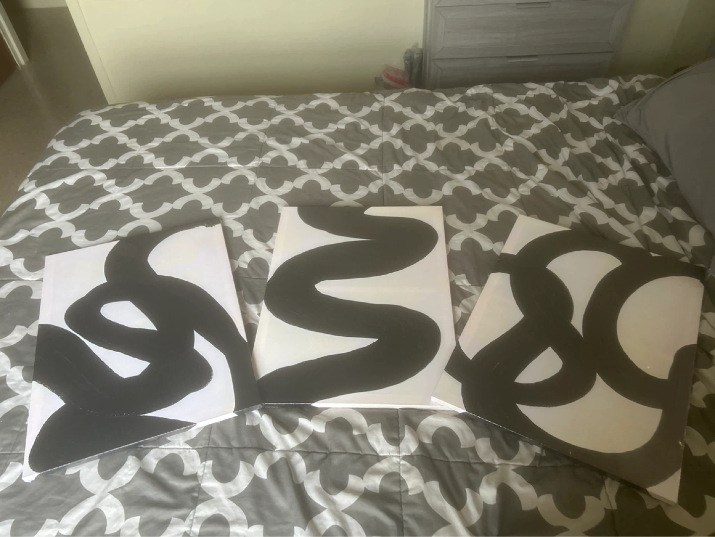 Set of 3 Abstract Black and White Canvas Art Paintings