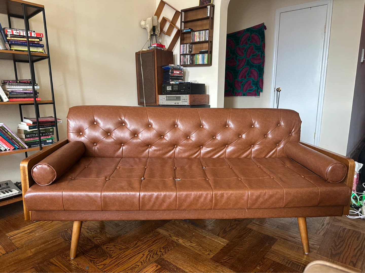 Brown Tufted Faux Leather Sofa with Wooden Accents