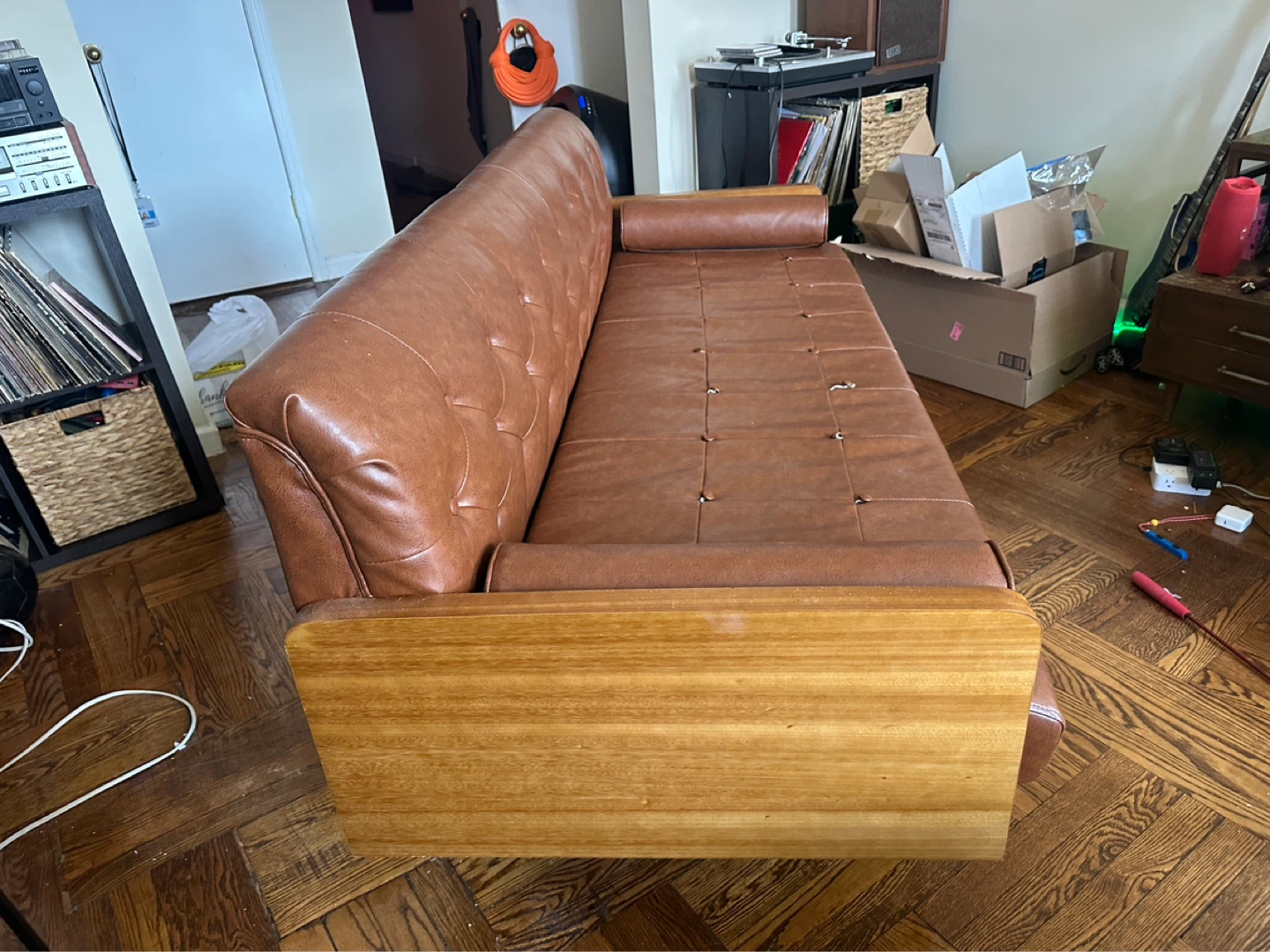 Brown Tufted Faux Leather Sofa with Wooden Accents - photo 2