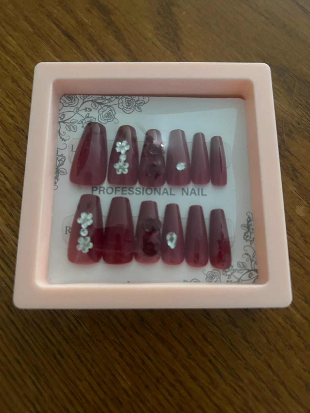Press-on Nails Set - Burgundy with Rhinestone Flower Detail