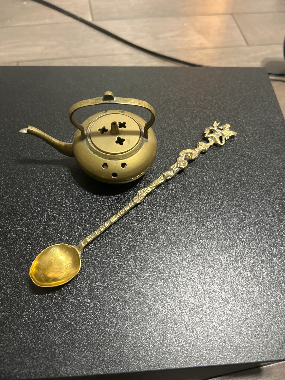 Antique Brass Teapot Incense Burner and Spoon