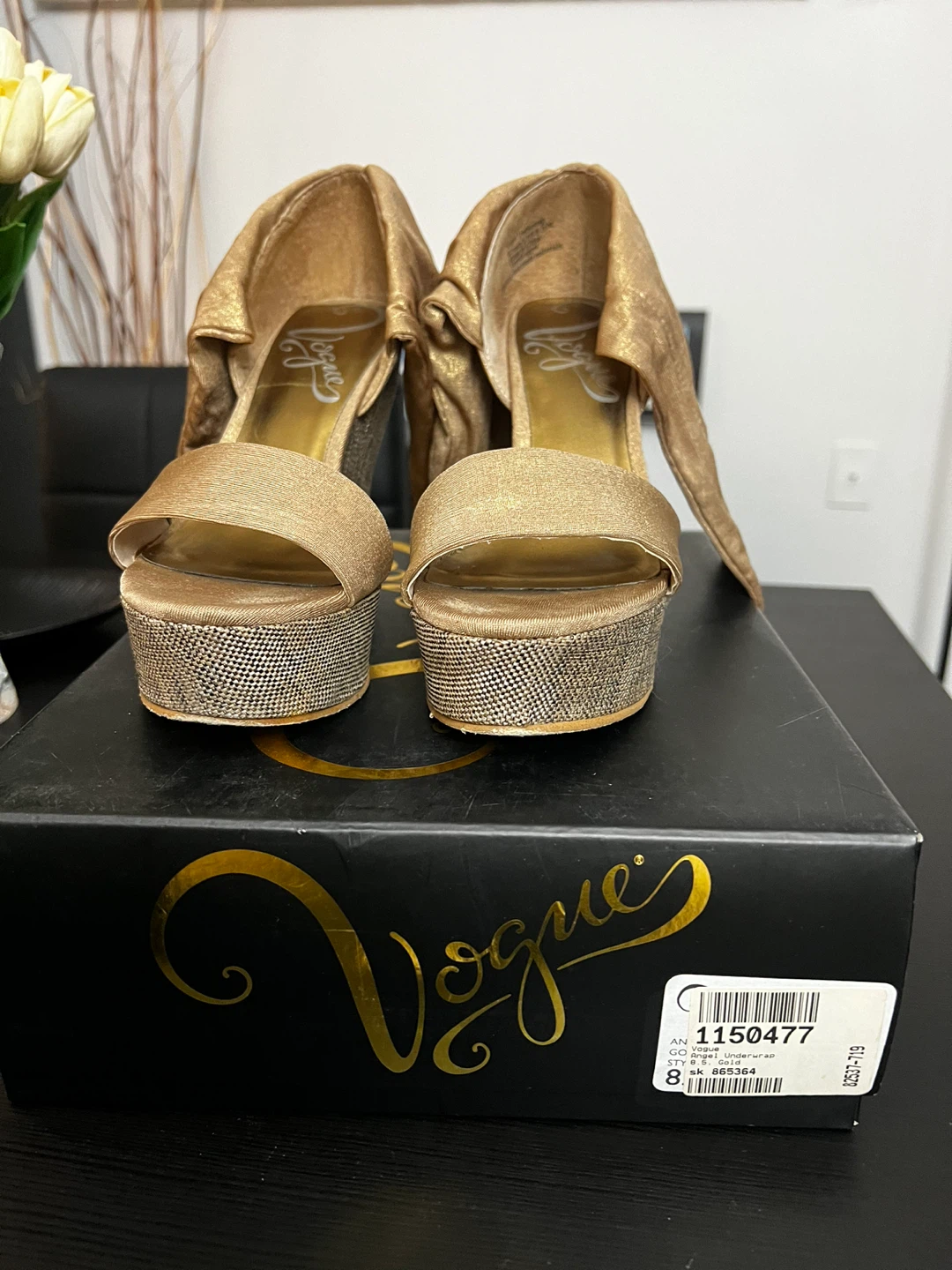 Vogue Gold Wedge Sandals with Bow Ankle Straps