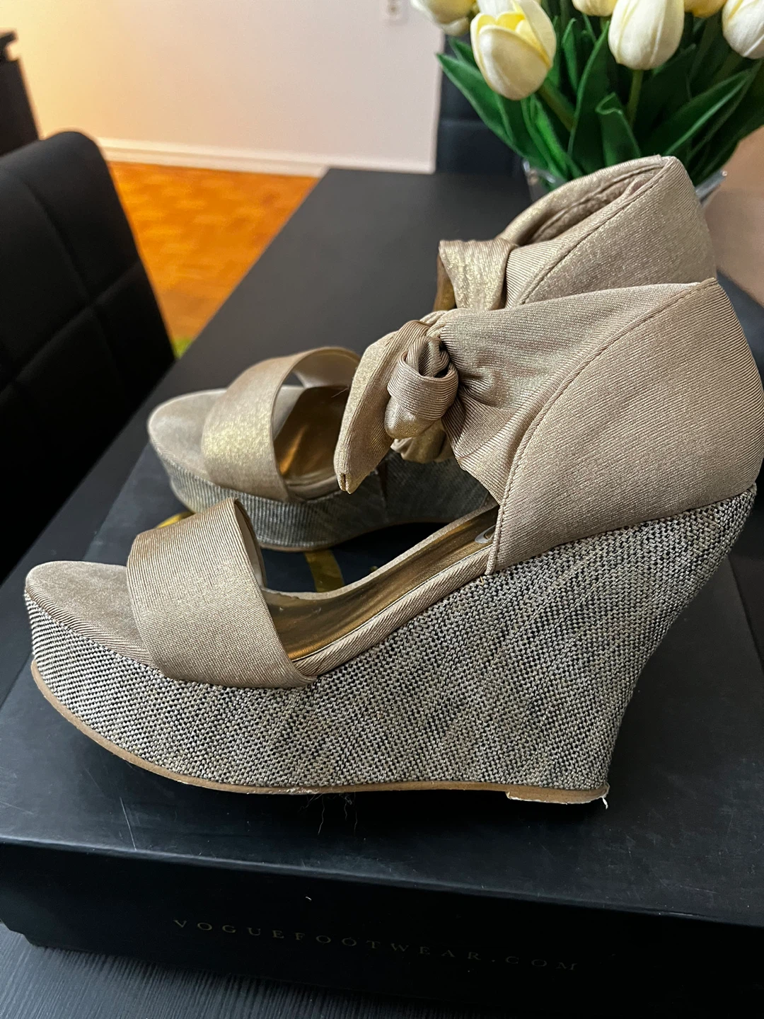 Vogue Gold Wedge Sandals with Bow Ankle Straps - photo 3