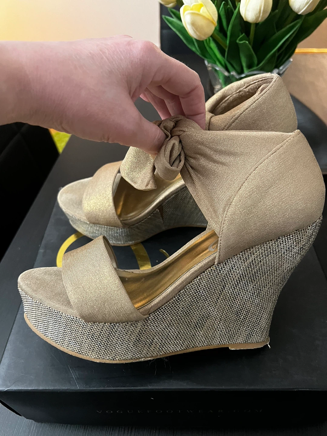 Vogue Gold Wedge Sandals with Bow Ankle Straps - photo 4