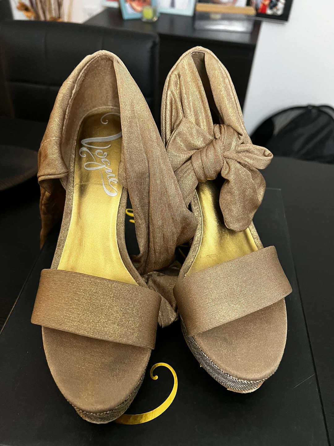 Vogue Gold Wedge Sandals with Bow Ankle Straps - photo 2