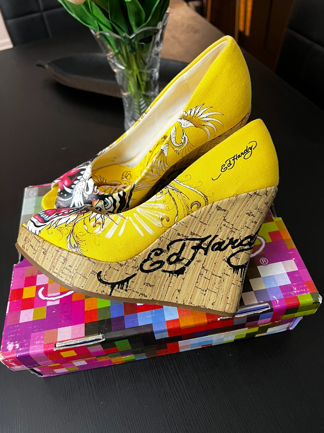 Ed Hardy Yellow Wedge Heels with Tiger Print - photo 2