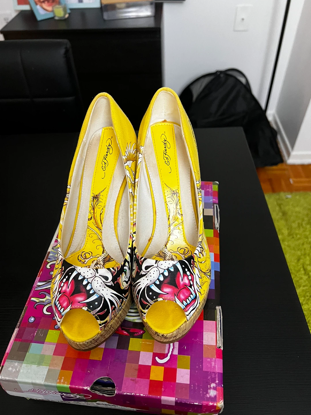 Ed Hardy Yellow Wedge Heels with Tiger Print