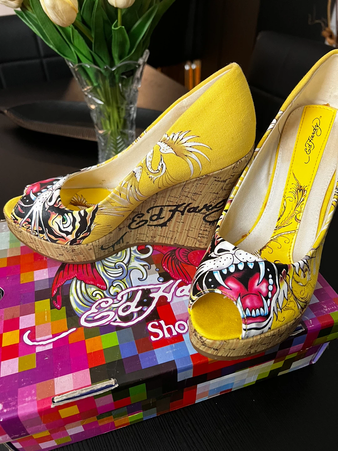 Ed Hardy Yellow Wedge Heels with Tiger Print - photo 3