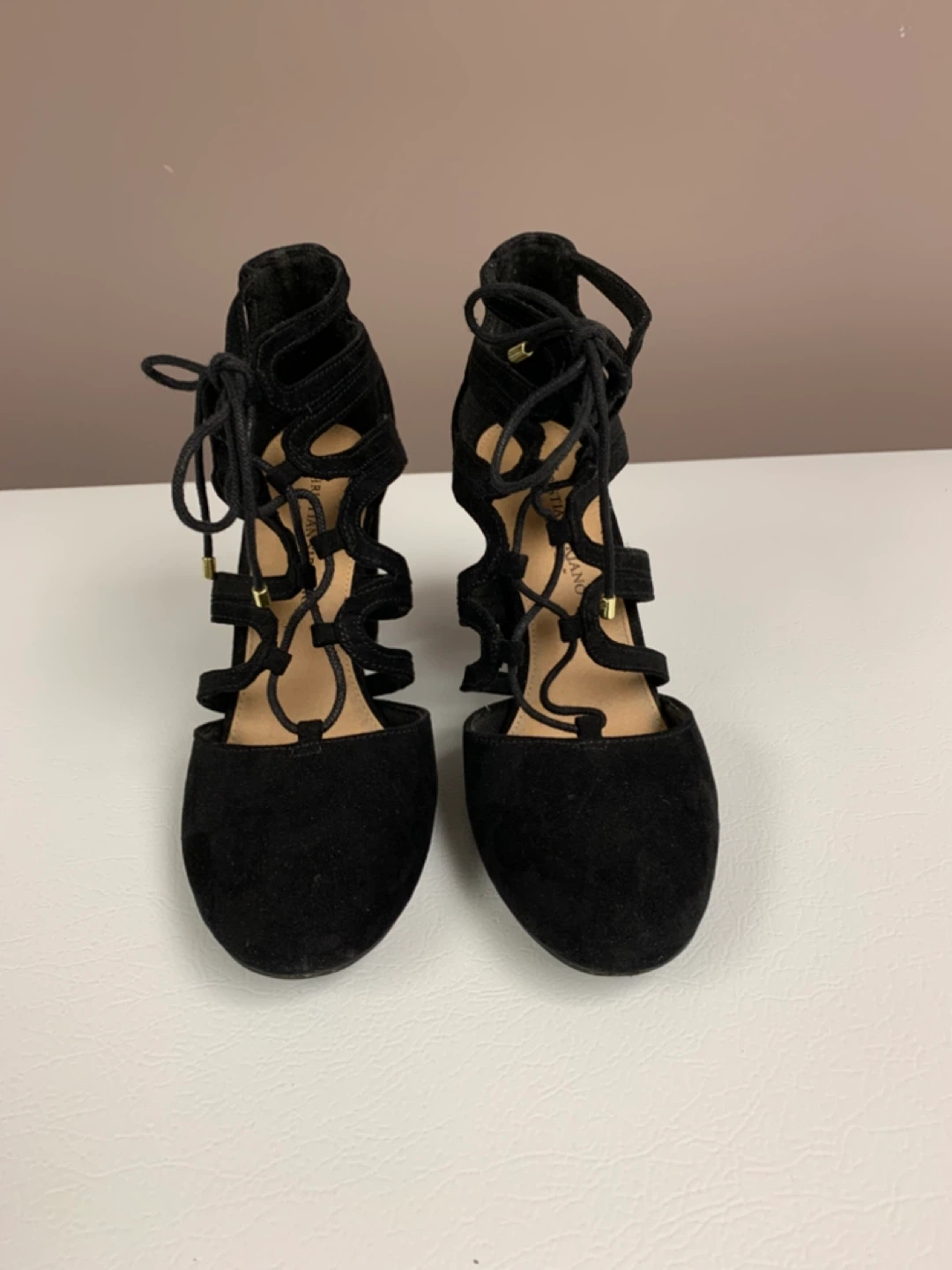 Black Suede Lace-Up Block Heels
