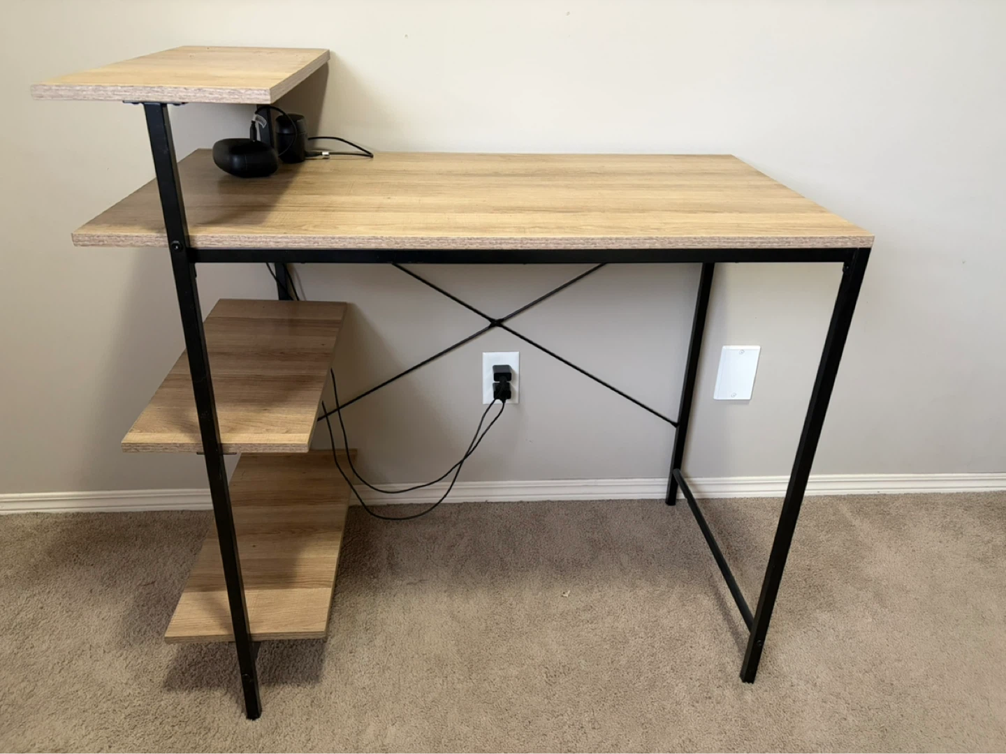 Wood and Black Metal 3-Shelf Bookcase/Desk Unit