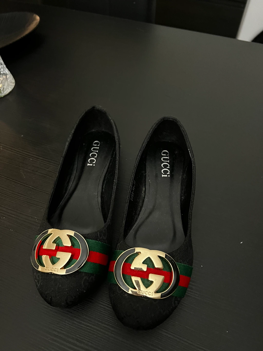 Black Gucci Ballet Flats with Gold GG Logo