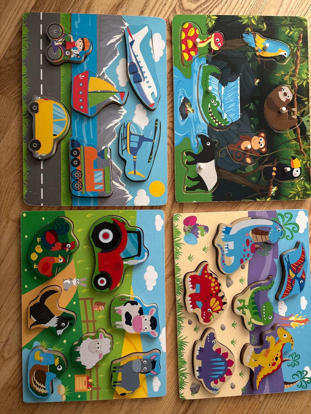 4 Wooden Puzzles - Vehicles, Animals, Dinosaurs