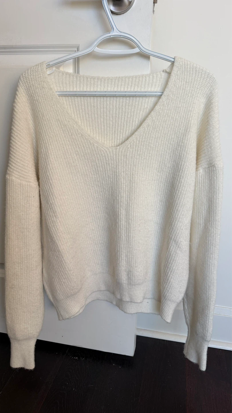 Cream Ribbed V-Neck Sweater