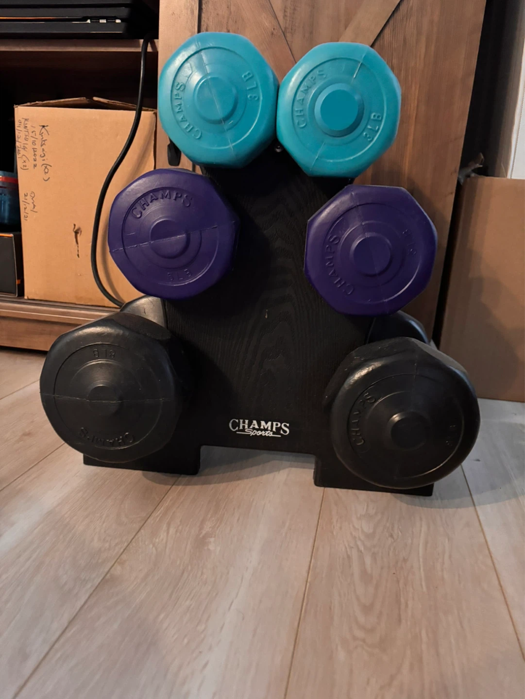 3lb, 5lb, 8lb weights with rack