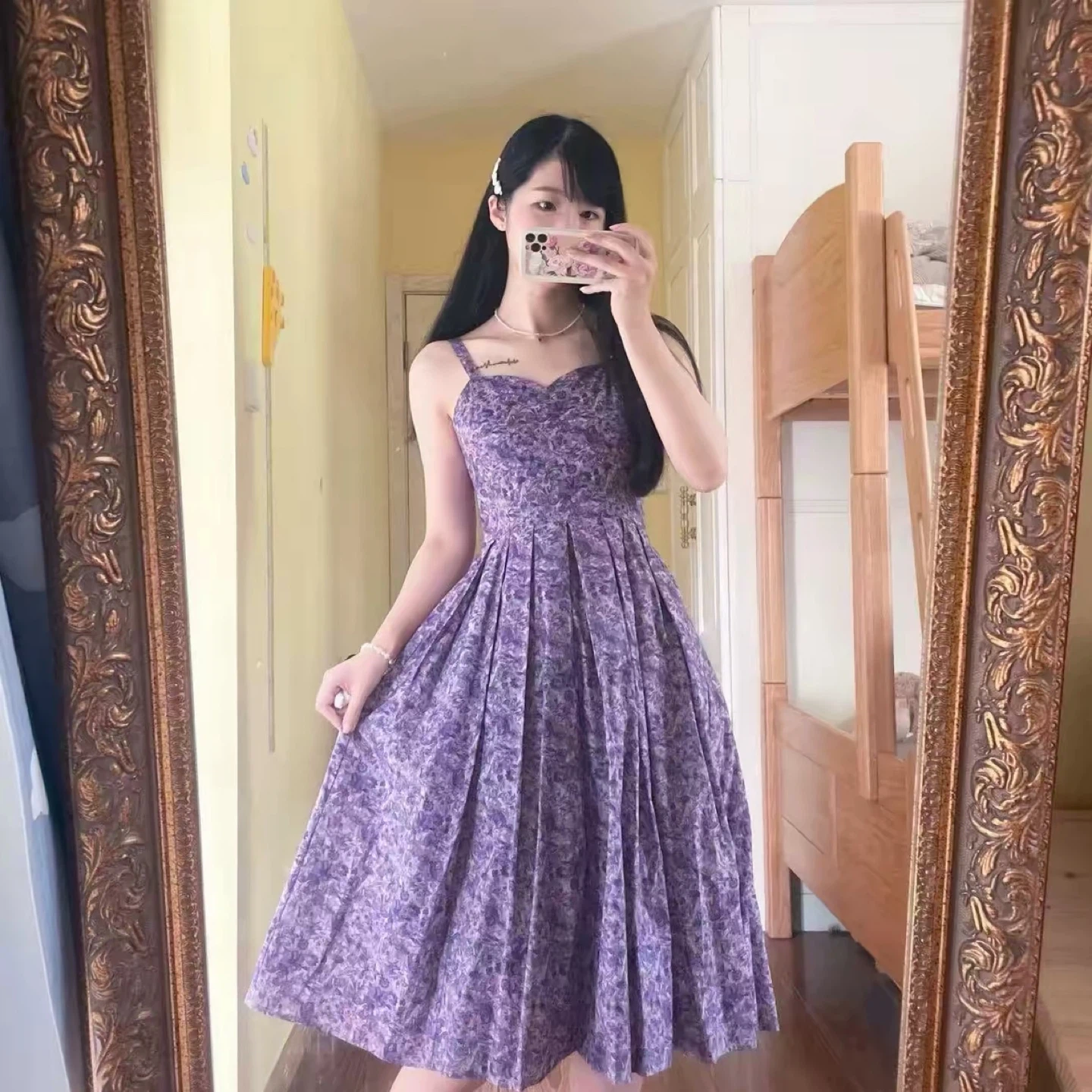 Purple Floral Print Midi Dress