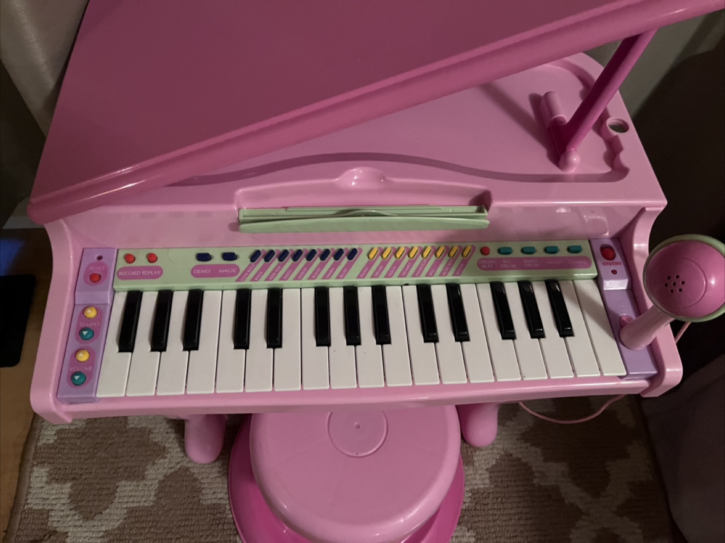 Pink Toy Piano with Stool and Microphone