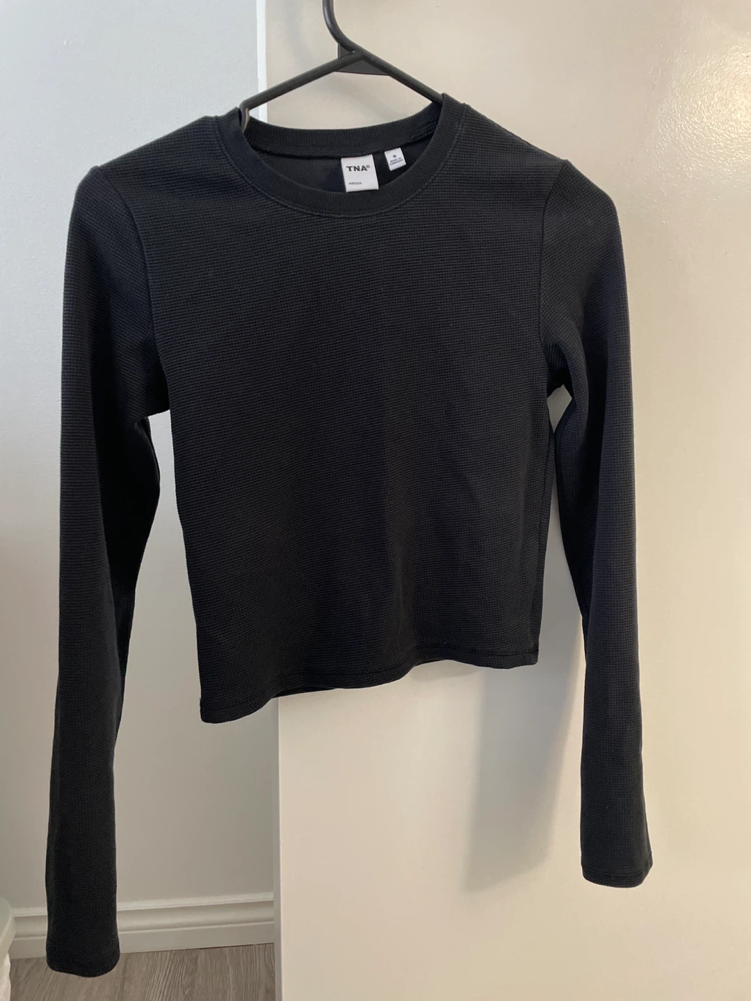 TNA Black Long Sleeve Waffle Knit Crop Top