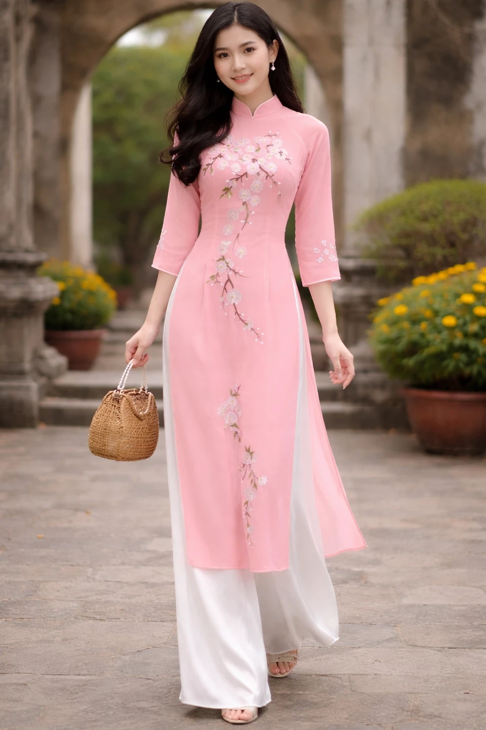 Peach Embroidered Ao Dai Dress