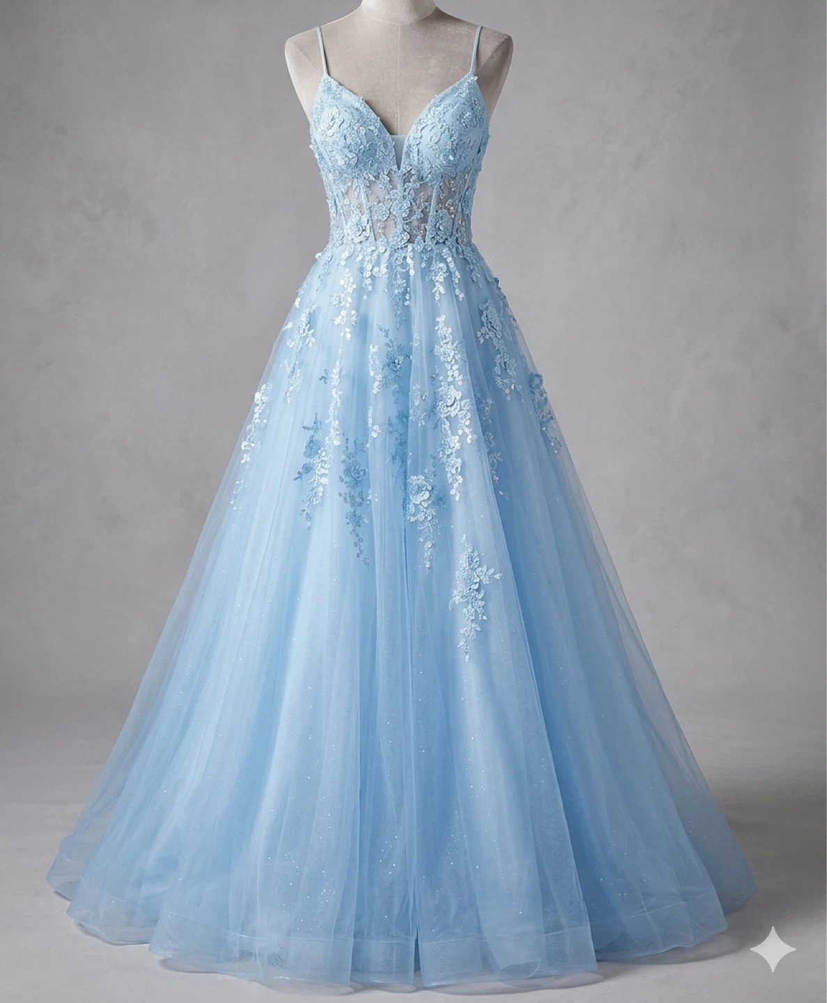 Light Blue Tulle Ball Gown with Lace Appliques