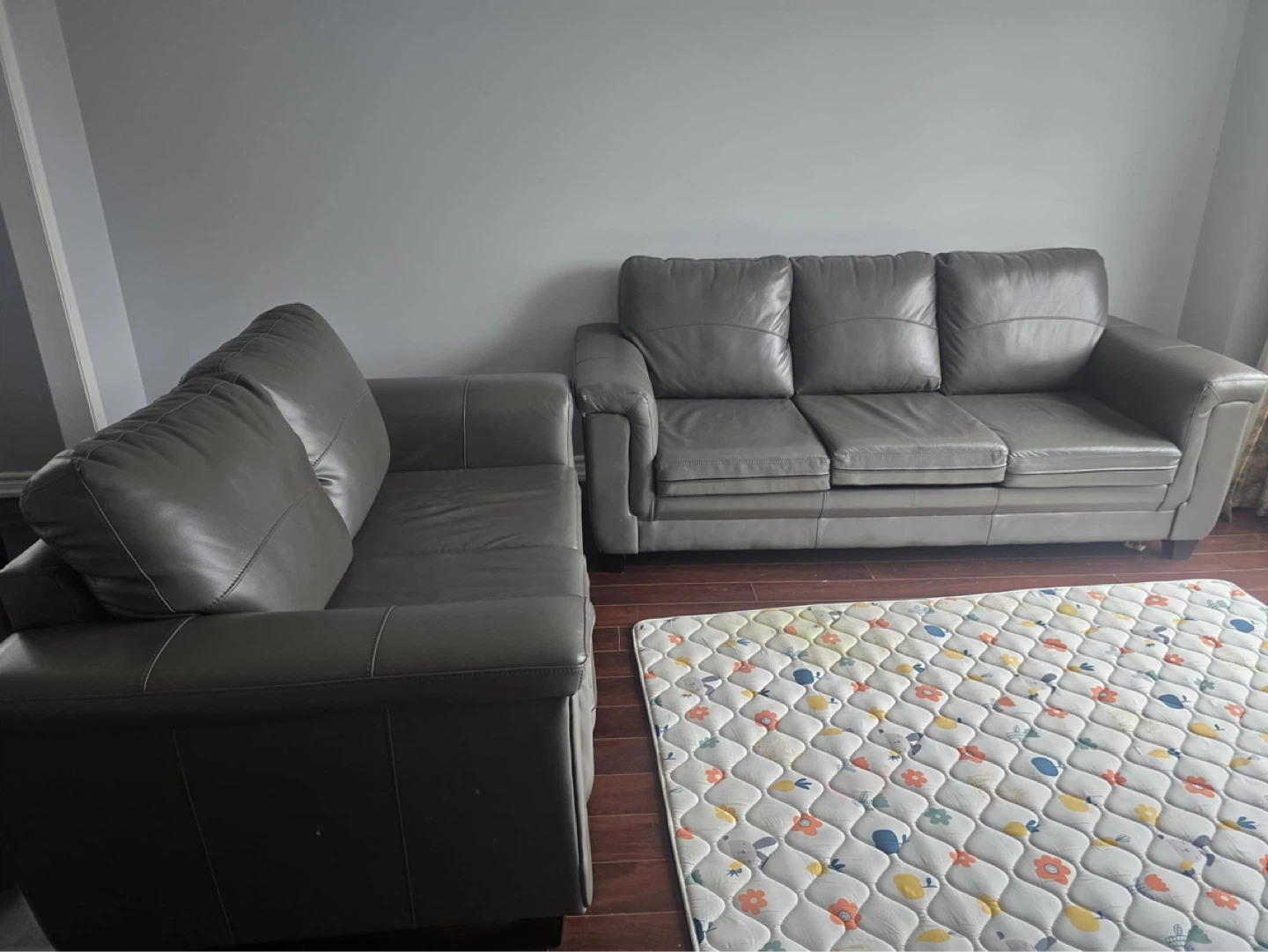 Grey Leather Loveseat and Sofa Set