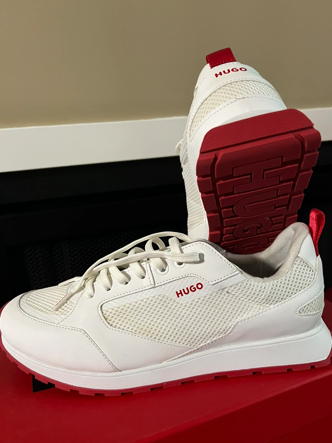 HUGO White Mesh Sneakers with Red Sole