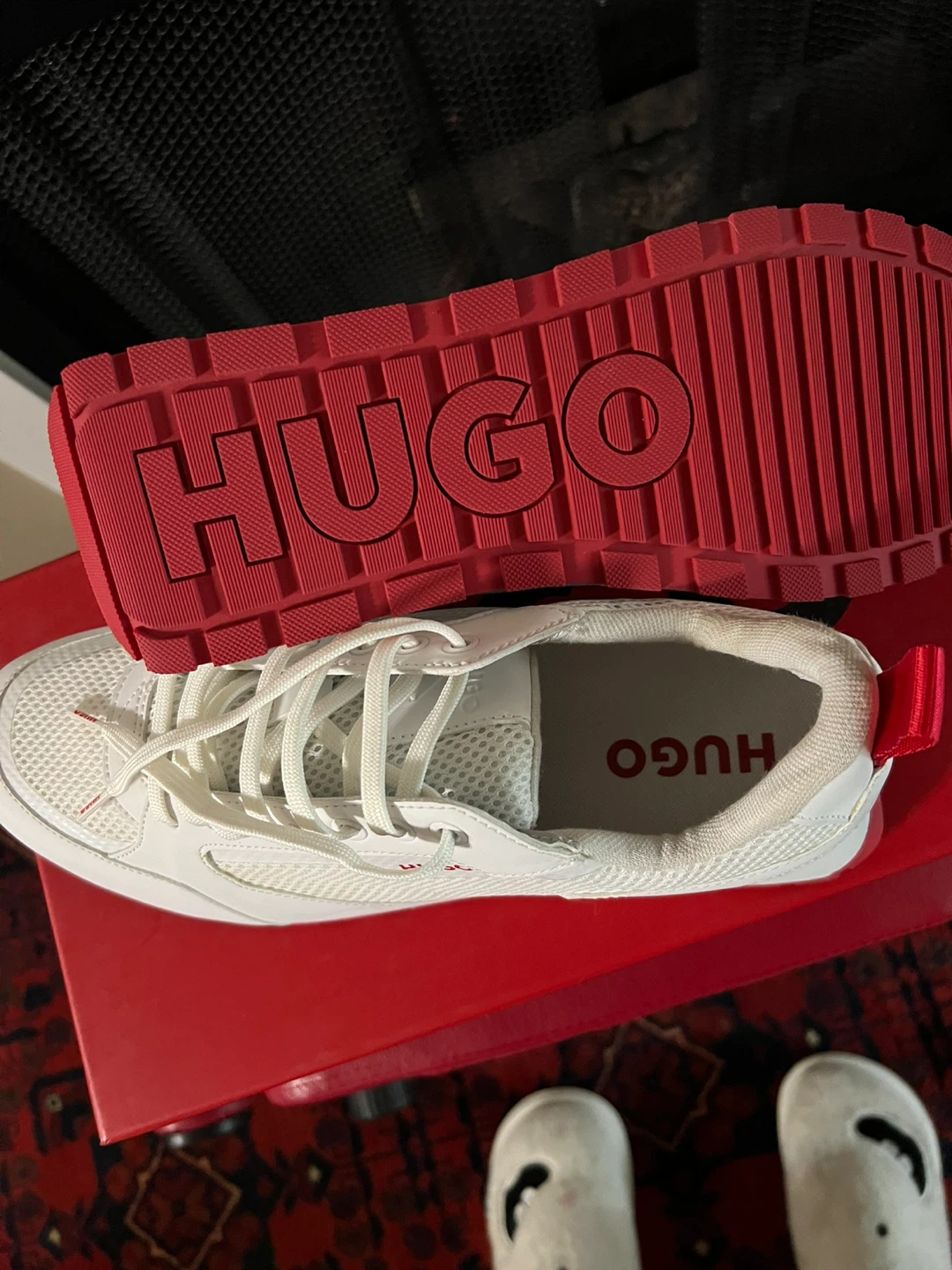 HUGO White Mesh Sneakers with Red Sole - photo 4