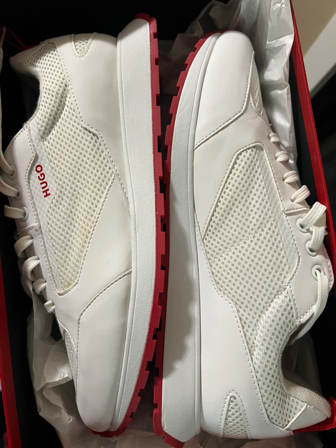 HUGO White Mesh Sneakers with Red Sole - photo 2