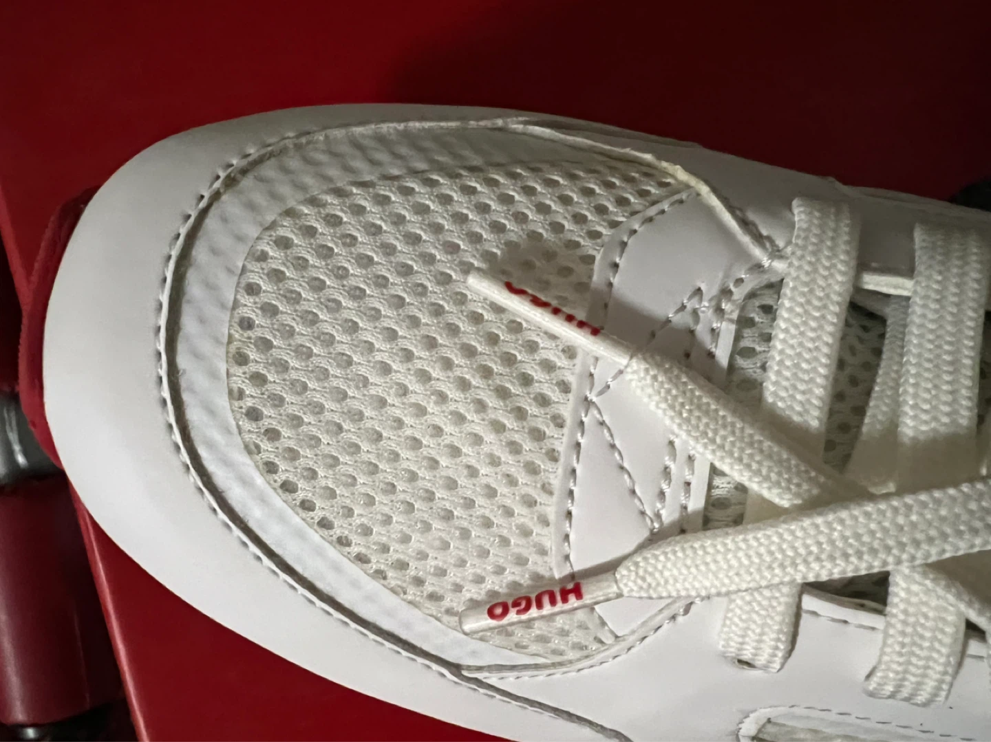 HUGO White Mesh Sneakers with Red Sole - photo 5