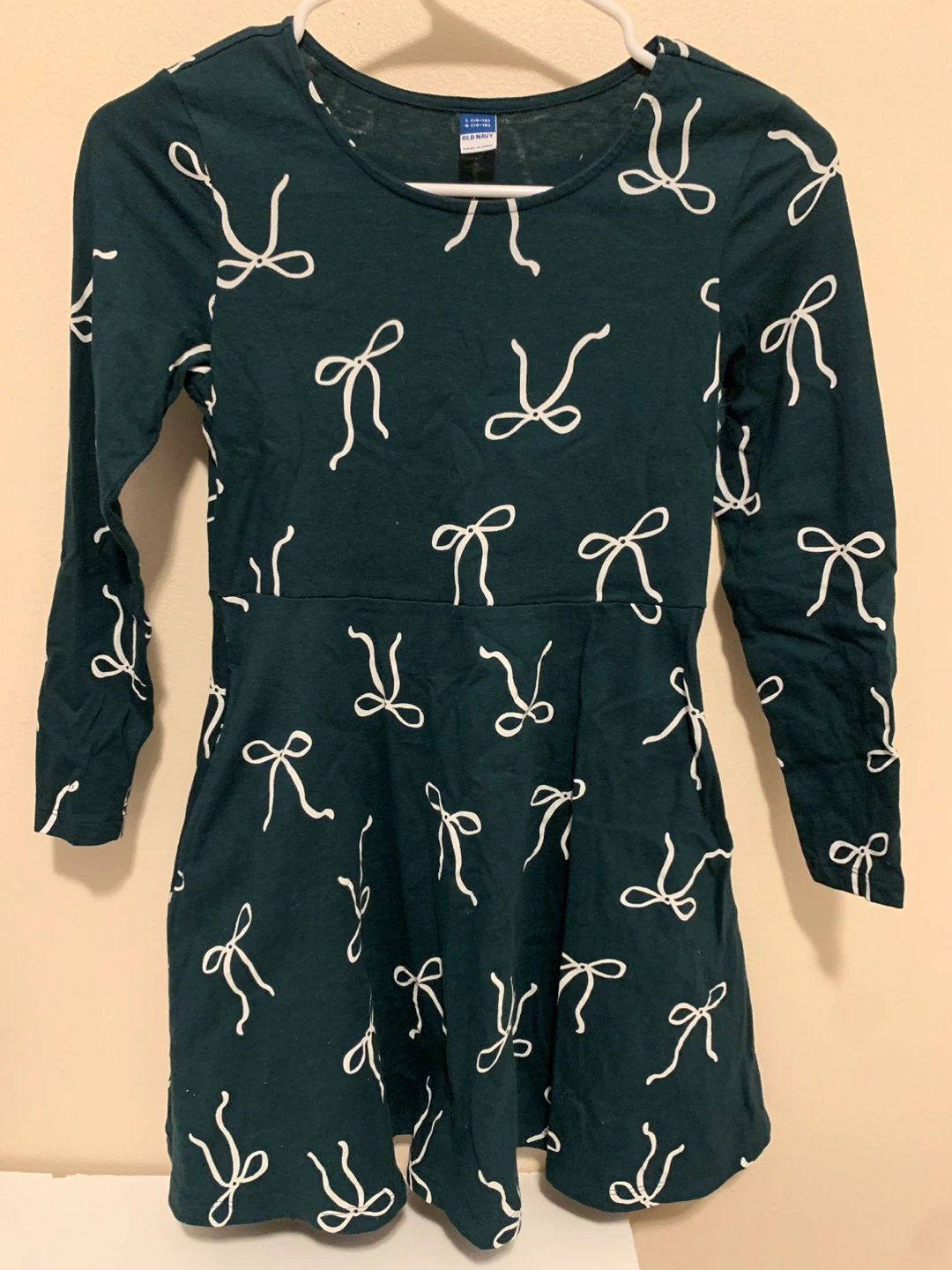 Old Navy Girls Green Bow Print Dress L (10-12)