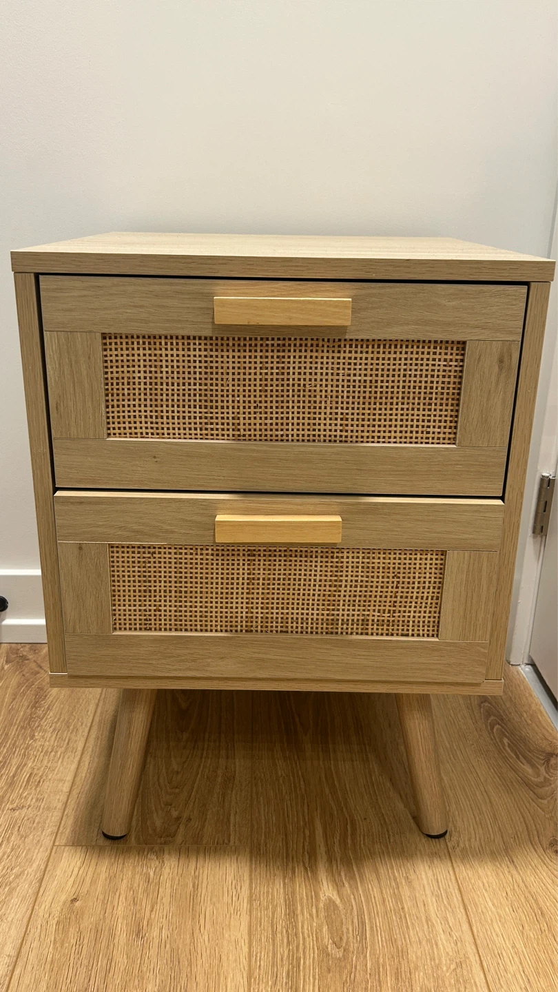 Two-drawer nightstand with rattan fronts