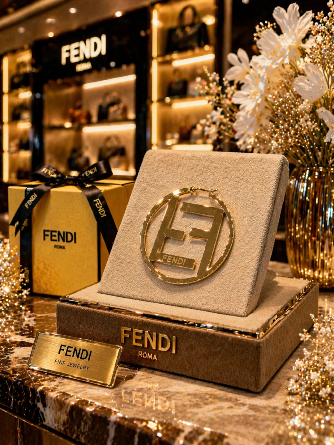Fendi Roma Gold FF Logo Hoop Earrings